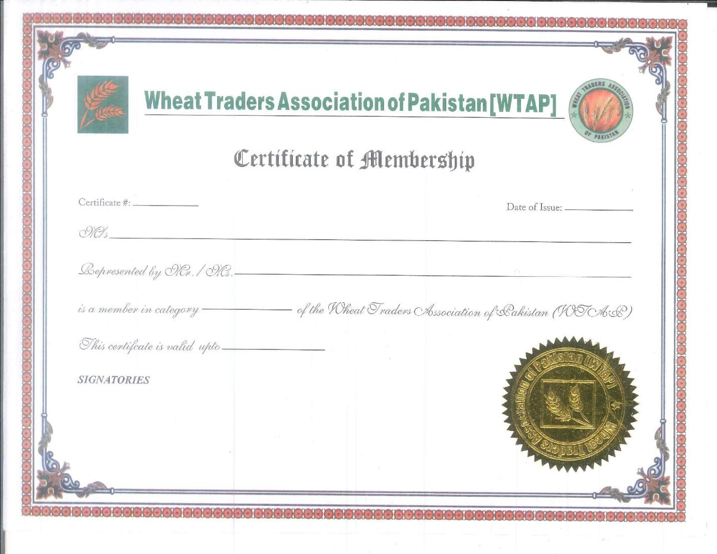 Official blank WTAP Certificate of Membership